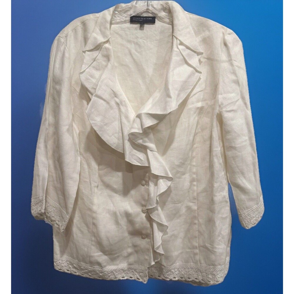 Jones New York L Linen Ruffle Lace Trim Button Down 3/4 Sleeve Cottagecore White